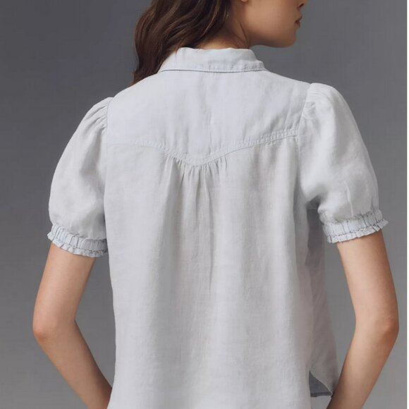 NWT The Aly Linen Puff-Sleeve Blouse by Pilcro Anthropologie Light Blue Top sz L - Picture 4 of 10